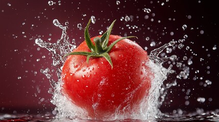 Fresh red tomato splashing in water against dark background. Vibrant and juicy ripe tomato with water droplets. Healthy food concept.