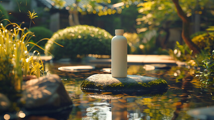 Wall Mural - A white bottle sits on a mossy rock in the middle of a tranquil pond. The surrounding greenery and sunlight create a serene and natural atmosphere.