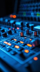 Close-up of a professional audio mixing console with glowing buttons and knobs in a recording studio.