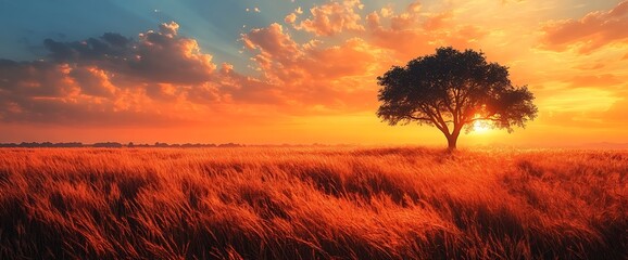Wall Mural - a single tree stands silhouetted against a fiery sunset in a field of tall grass.