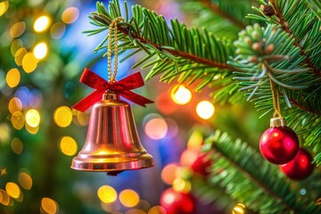 close-up of decorated christmas tree with bell ornament and festive lights