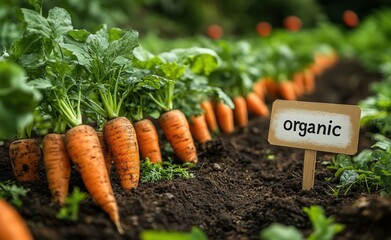 Rows of healthy organic carrots grow in dark soil, marked clearly by an organic sign nearby