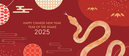 Wall Mural - 2025 Chinese New Year Banner with Golden Snake and Circular Patterns on Red Background for Year of the Snake