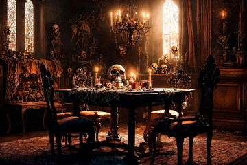 Background at mystical interior of medieval castle room with wooden table with skulls and bones against an ancient stone wall with door. Scary backgrounds for Halloween. Copy space, text place