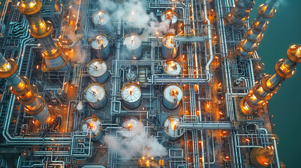 Aerial view of industrial plant working at night with lights on