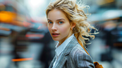 Wall Mural - Morning rush: Confident businesswoman in hurry with business people blurred in background. Blonde businesswoman wearing suit and bag on shoulder.