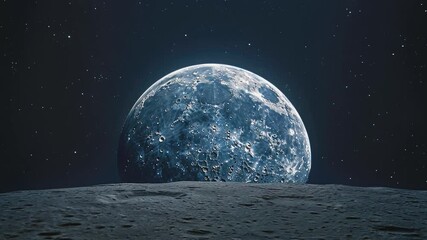 A stunning scene of the Moon's surface with a massive, illuminated Earth rising above the horizon