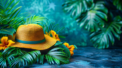 Yellow straw hat resting on lush green tropical leaves