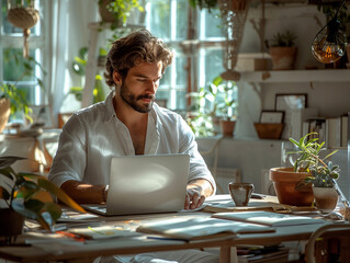 Wall Mural - Startup owner in a minimalist, white office, deep focus on a laptop, serene morning light.