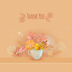 Poster - Thank you card. Autumn banner with a cup and fall leaves