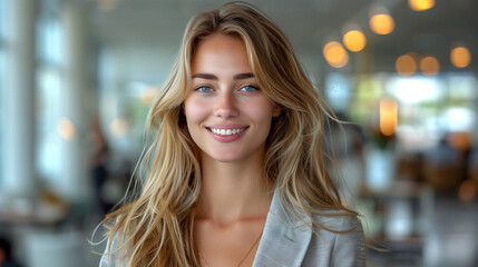 Wall Mural - Smiling beautiful elegant businesswoman standing at lobby in a modern business office tower. bright white tone. bright white tone.