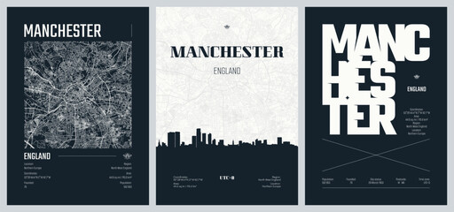 Poster - Set of travel posters with Manchester, detailed urban street plan city map, Silhouette city skyline, vector artwork, set 2