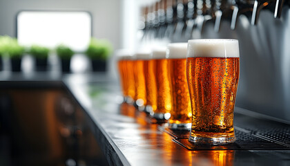 Wall Mural - A hyperrealistic close-up scene of a modern bar showcasing a line of five tall, frosty glasses of golden beer with creamy white foam at the top, sitting on a sleek, dark countertop.