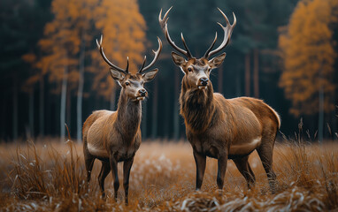 Wall Mural - Red deer in the forest, male and female are eating grass. This image was generated by AI