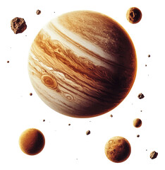 jupiter surrounded by its moons and asteroids in deep space isolated on transparent background