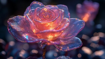 Canvas Print - A glowing, translucent rose with a pink and purple hue, illuminated from within, surrounded by a blurred background.