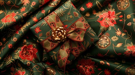 beautiful Christmas gift wrapped in a gift paper with red green and gold retro print on top of the paper with the same print