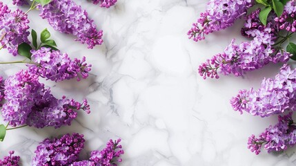 Sticker - Purple lilac flowers on white marble background in top view with product presentation items. Spring-themed flat lay with copy space.