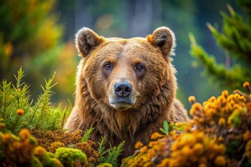 A majestic brown bear with a curious gaze and soft fur, surrounded by nature's beauty, invites creative coloring