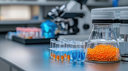 A laboratory table filled with samples of different synthetic materials, each labeled and displayed