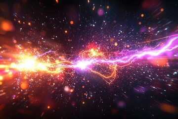 Cosmic energy explosion with lightning and glowing cosmic particles in dark space