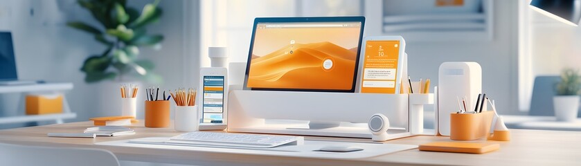 Canvas Print - Modern Workspace with Desktop Computer and Mobile Devices.