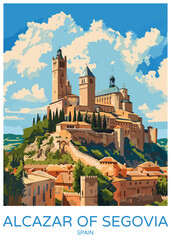 Wall Mural - Alcázar of Segovia Spain Poster Illustration Travel Print Decor Gift Paper Canvas Wall Retro Art