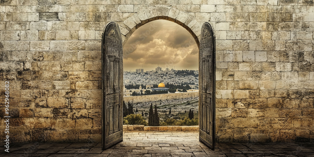 Ancient gate, arch entrance in brick wall with view of ancient city ...