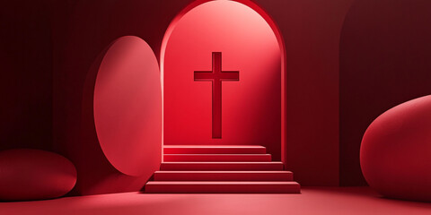 Wall Mural - Minimalist Easter background with cross. Abstract Christian 3D symbols