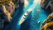 © practice  - Aerial view of a luxury yacht navigating through crystal-clear blue waters, surrounded by rocky cliffs, representing luxury travel and exploration