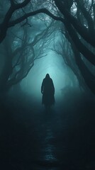 Wall Mural - Mysterious figure in a dark, foggy forest.