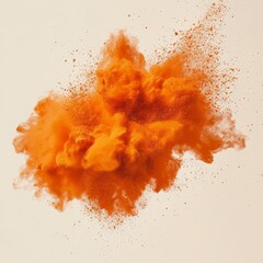 A complex orange powder explosion white background that creates a captivating and unique visual impact. The orange powder spreads out in a beautiful pattern, showing a sense of movement and energy. Th