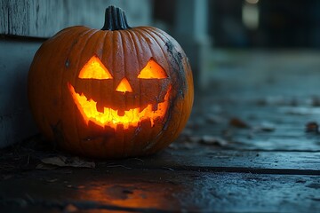 Wall Mural - Pumpkin on a haunted porch, glowing eerily, copy space