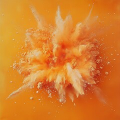 A complex orange powder explosion white background that creates a captivating and unique visual impact. The orange powder spreads out in a beautiful pattern, showing a sense of movement and energy. Th