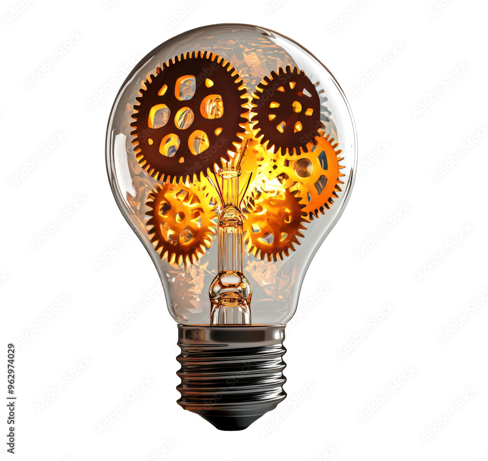 Glowing light bulb with intricate gears inside, symbolizing creativity ...