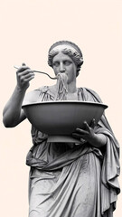 A black and white sculpture  of female Greek goddesses eating spaghetti 