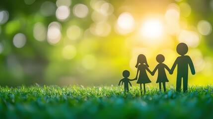 Silhouette of a family holding hands in a lush green garden