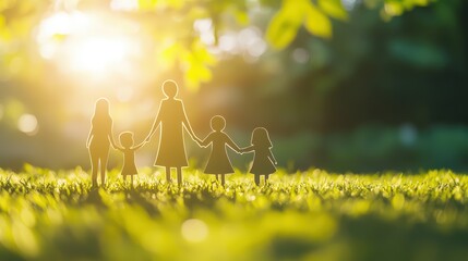 Silhouette of a family holding hands in a lush green garden