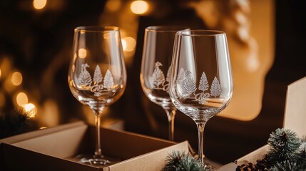 Personalized glassware set in stylish packaging, ready for gifting on a special occasion. The glass sparkles with custom engravings under soft lighting.