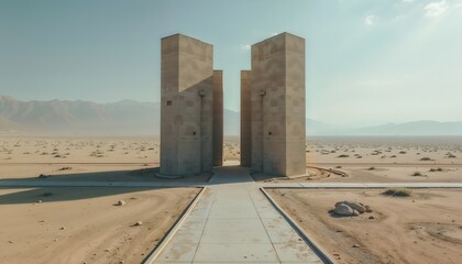 Two Monolithic Concrete Structures in the Vast Expanses of a Desert Landscape