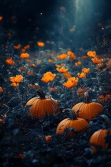 Wall Mural - Dark pumpkin patch illuminated by the moon.