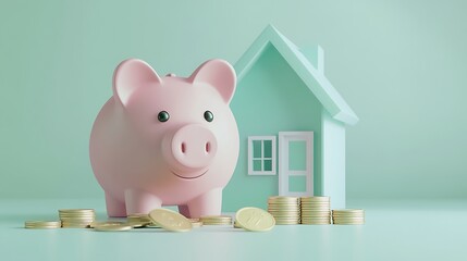 Wall Mural - Savings Goals: 3D Piggy Bank and House Model with Coins on Pastel Green Background