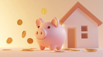 Wall Mural - Financial Goals: Cute 3D Piggy Bank with House Model, Falling Coins, and Sunlit Beige Background