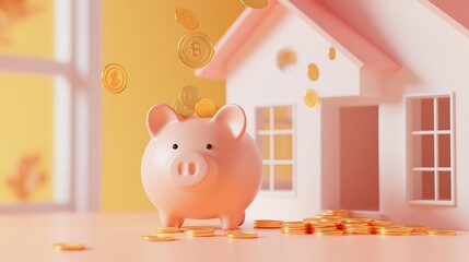 Wall Mural - Bountiful Savings: Playful Cartoon Piggy Bank with Gold Coins and House Model in 3D Render on Peach Background under Sunlight