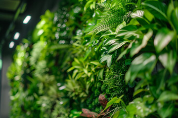 Wall Mural - Green living wall with perennials in a modern office. Landscape interior design of a city garden. Fresh green vertical plant wall inside office


