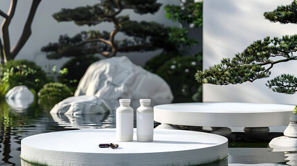 Two white bottles with black capsules sit on a white platform in a serene zen garden setting.