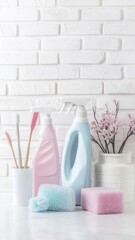 Set of Colorful cleaning products in bathroom,Cleaning product tool equipments, concept of housekeeping, professional clean service,housework kit supplies,hardware store,cleaning service.