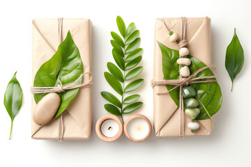 Wall Mural - Set of eco-friendly objects. Craft paper wrapped gift with green leaf, stone and wooden beads, candle. Ecology, environmental conservation and zero waste collection. Isolated on white background


