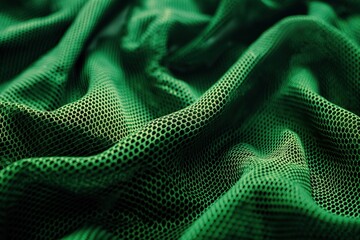 close-up view of green sports fabric with textured pattern. bird eye view shows intricate holes and 