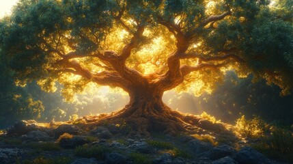 Wall Mural - Majestic tree illuminated by sunlight in a serene landscape.